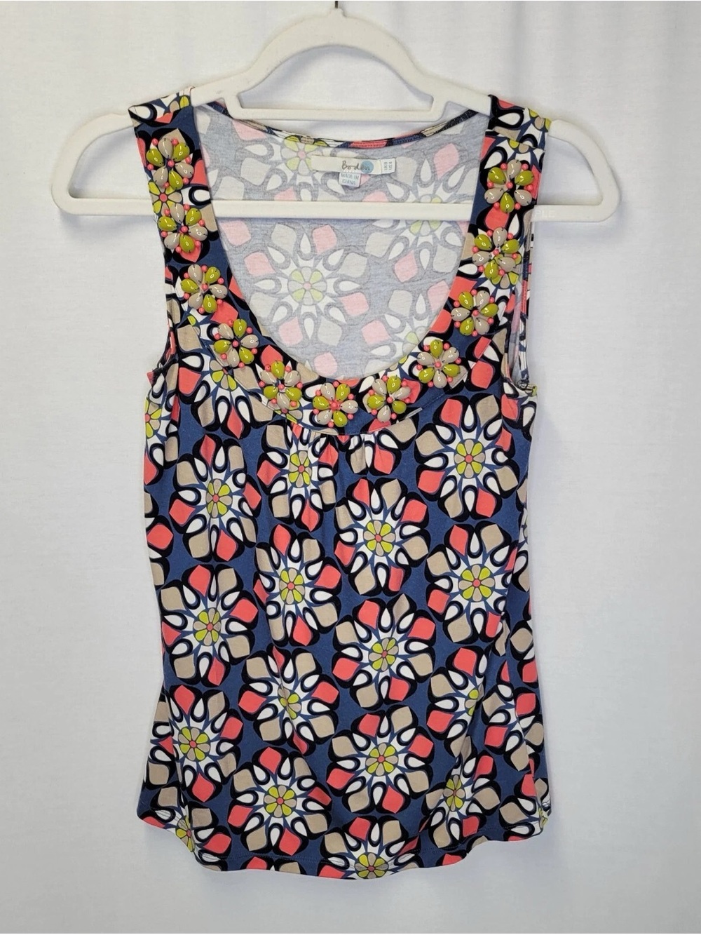 Boden Floral Scoop Neck Beaded Tank Top - Blue/Pink - Size 4